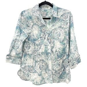 Chico's Blue Seashell Nautilus Button Up Shirt 1/M Coastal Grandmother Vacation